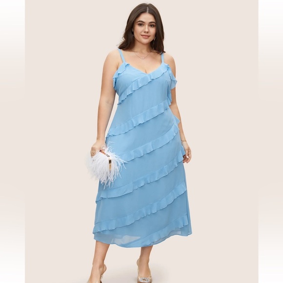 BloomChic V Neck Ruffle Trim Elastic Waist Cami Dress - Picture 1 of 8